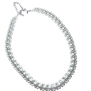 Vintage 3 Row Faux pearl Choker Chain Necklace 15.5" Signed SHB